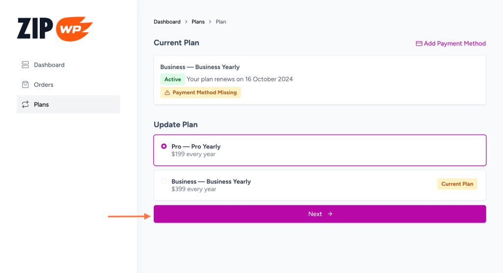 select the preferred plan to upgrade or downgrade