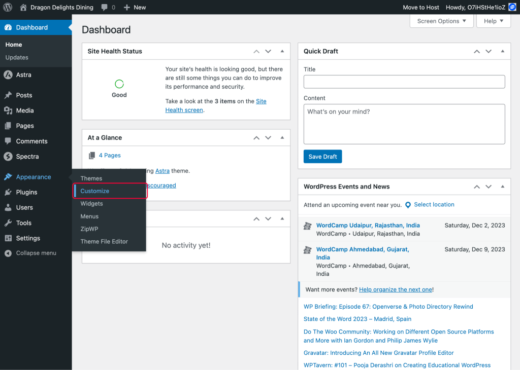 WP dashboard