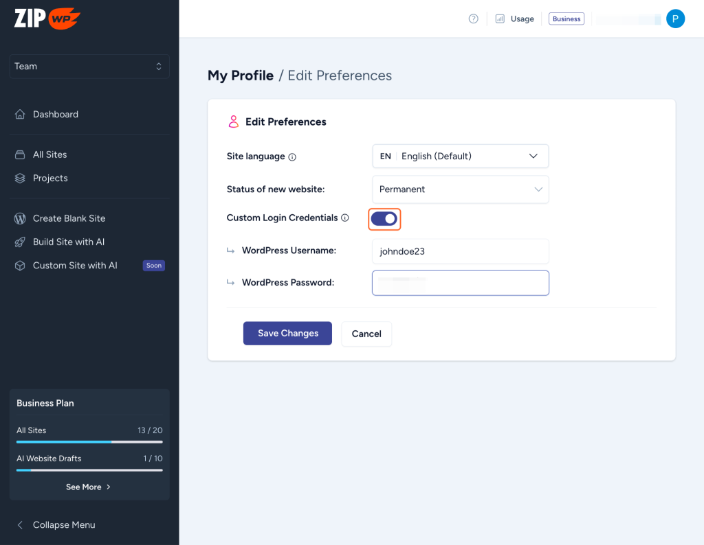 Custom Login Credentials