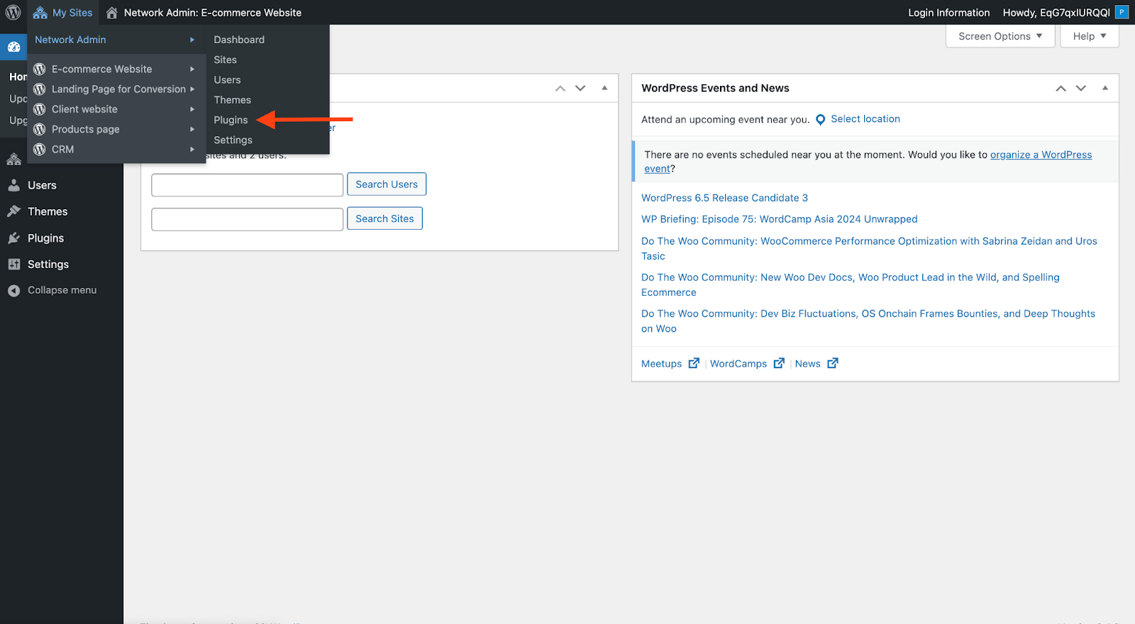 Navigate to My Sites > Network Admin > Plugins.
